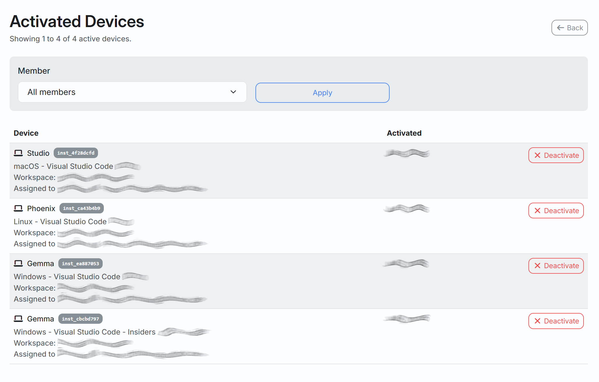 Devices page in the dashboard