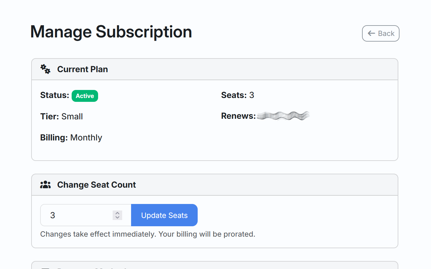Manage subscription page