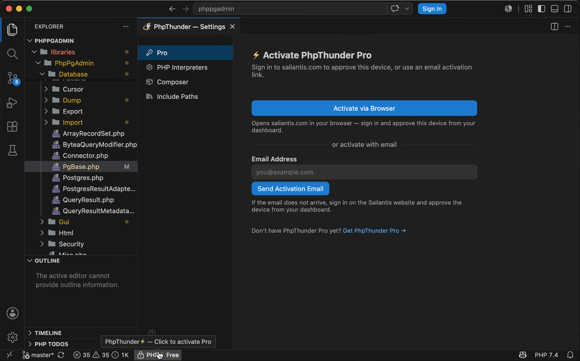PhpThunder settings panel with activation